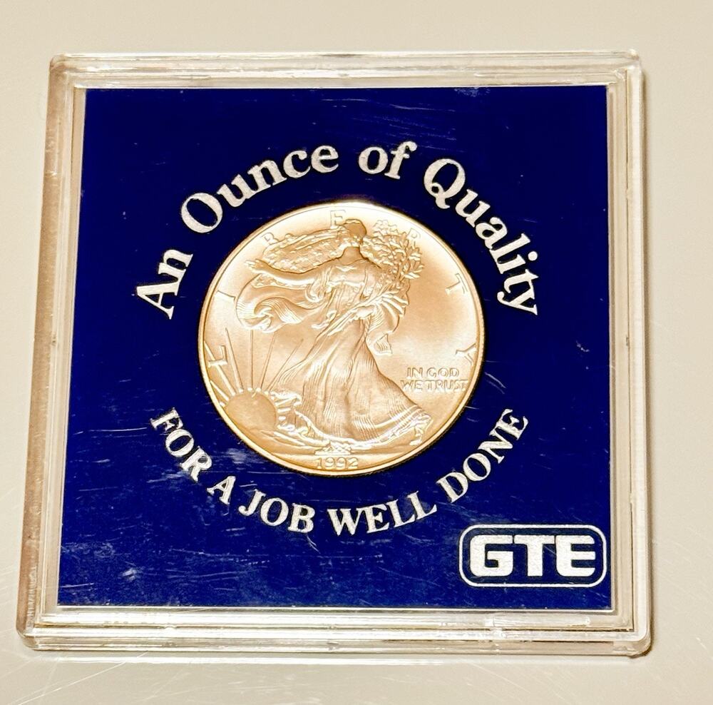1992 GTE 1 oz American Silver Eagle Employee Award Coin Display Case